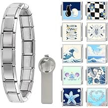 papasgix Italian Charm Bracelet Charms Silver Set with 1pc Starter Brascelet, 10pcs Assorted Italian Charms for Bracelets and 1pc Opening Tool, 9mm Modular Italian Charm Bulk Pack Links Handmade DIY Jewelry Ocean Blue