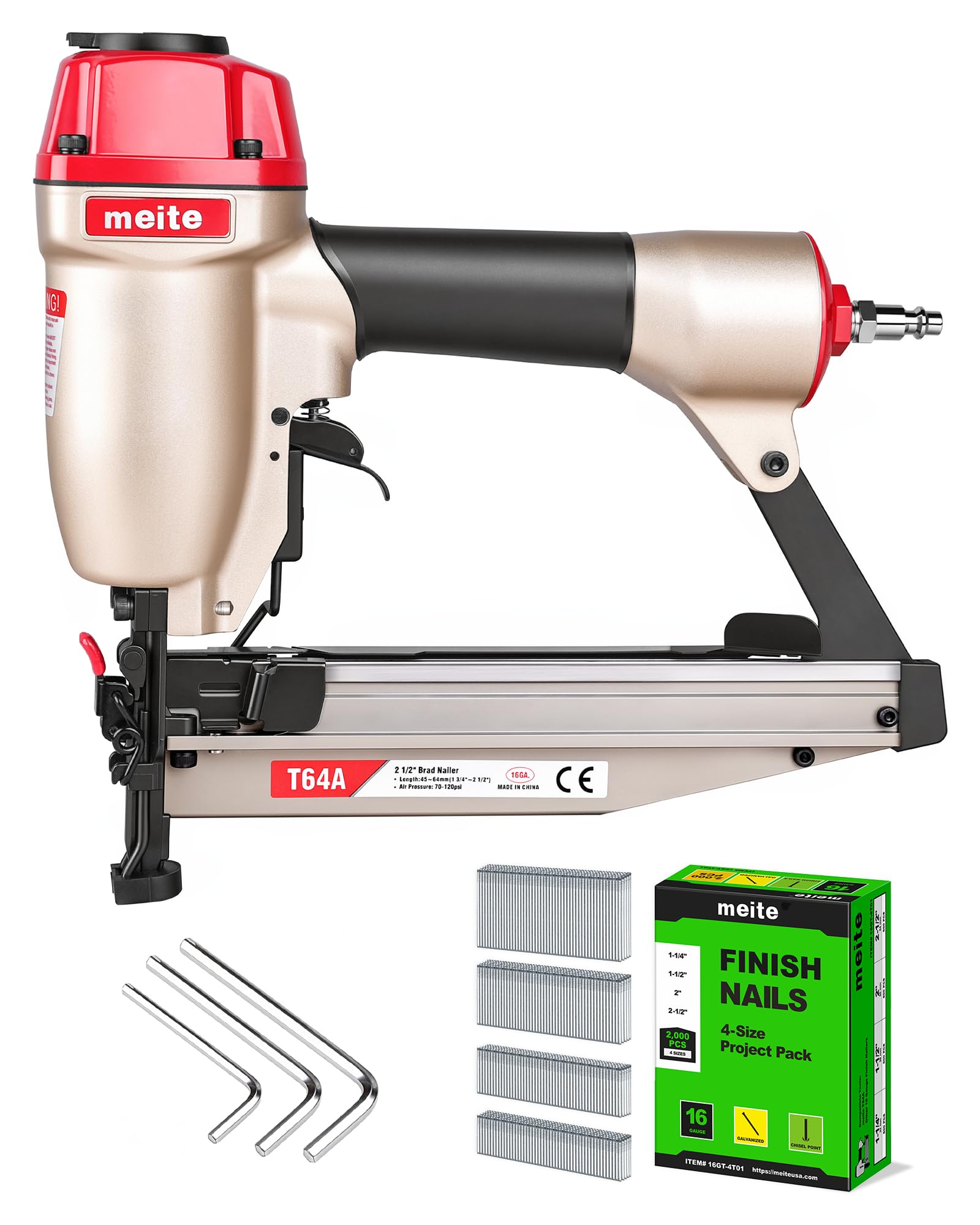 meite T64A Pneumatic 16G Finish Nail Gun with 4 Sizes 16G Nails 2000PCS