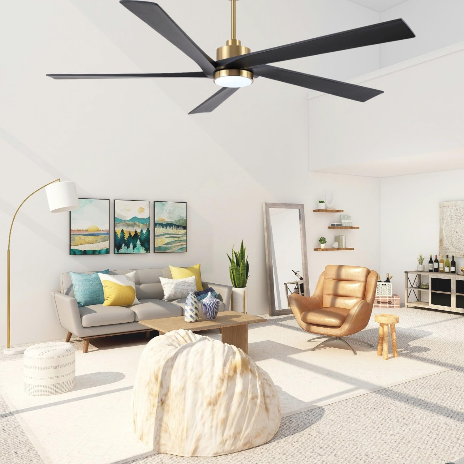 72 Inch Ceiling Fan with Solid Wood Blades, Smart App & Dual Remote Control, Quiet Reversible DC Motor, Tri-Color LED, Energy Efficient, Brass and Black Finish, for Bedroom or Living Room