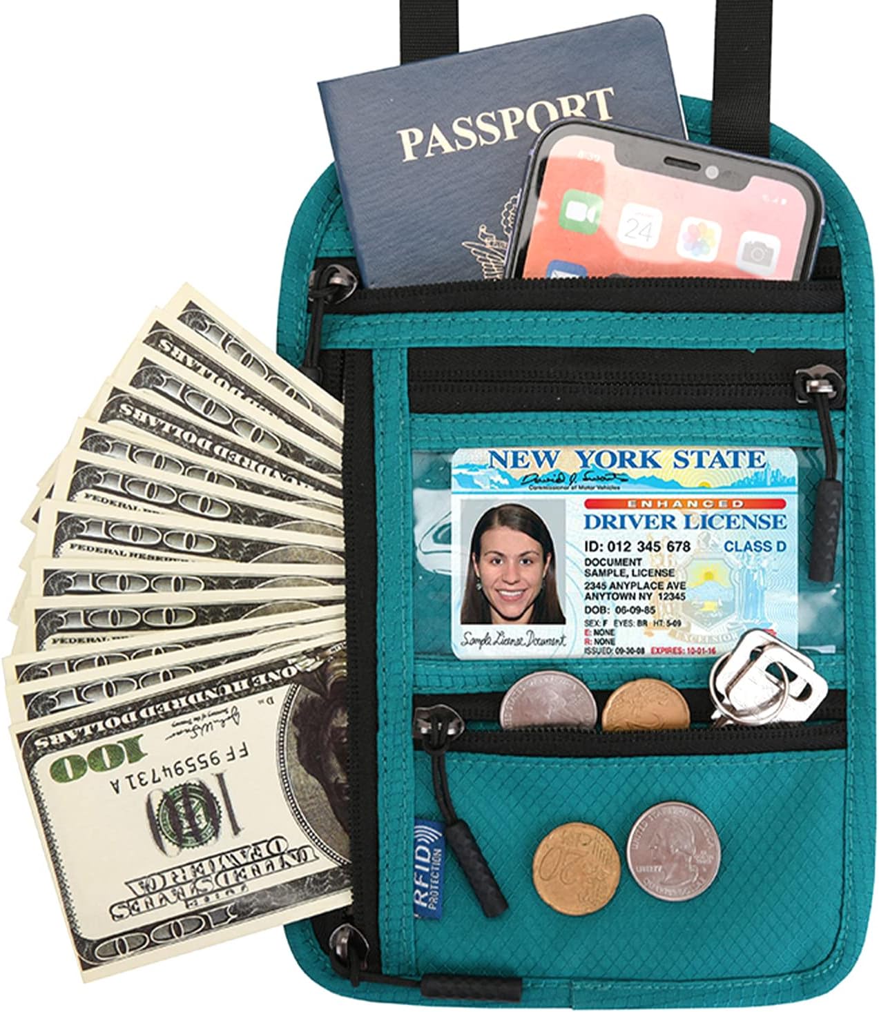 Surblue RFID Blocking Neck Wallet Travel Passport Holder Neck Pouch Vaccination Card Holder for Women & Men, Blue