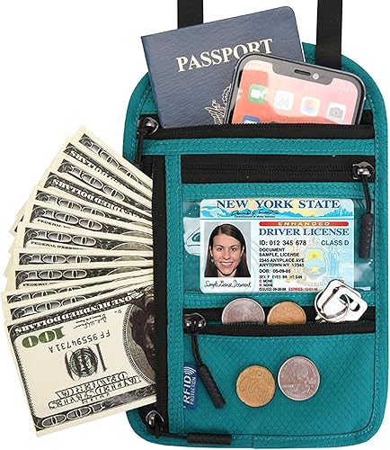 Miniatura 2 de Surblue Cartera de cuello con bloqueo RFID, soporte para pasaporte de viaje, bolsa para el cuello, tarjetero de vacunación para mujeres y hombres,