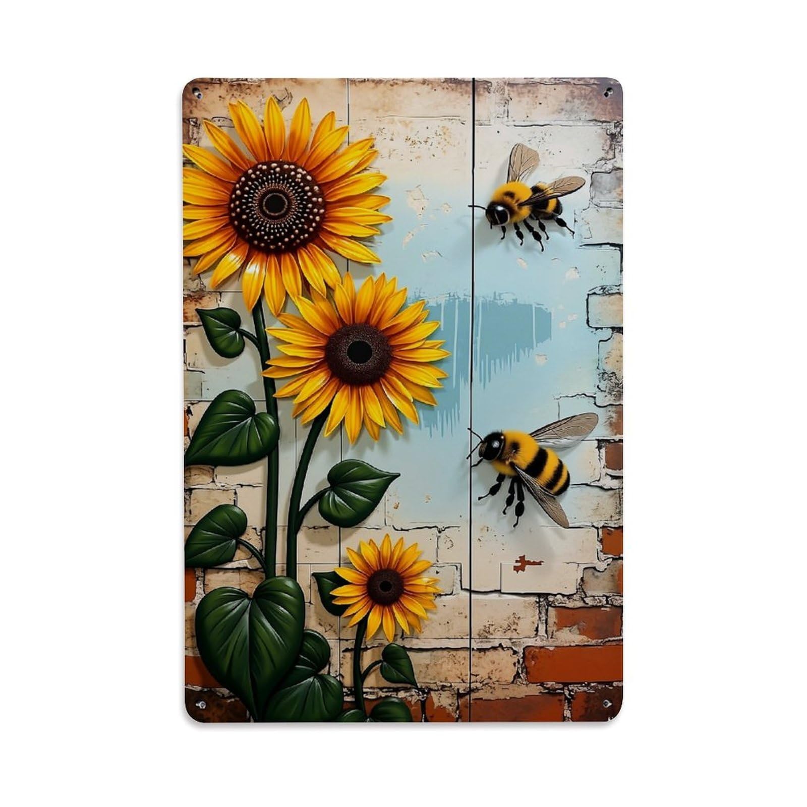 Jdfenggu Vintage Sunflowers And Bees On Brick Retro Metal Tin Sign, Metal Poster For Bar, Home, Man Cave, Kitchen, Laundry Room Art Decor 8X12 Inch