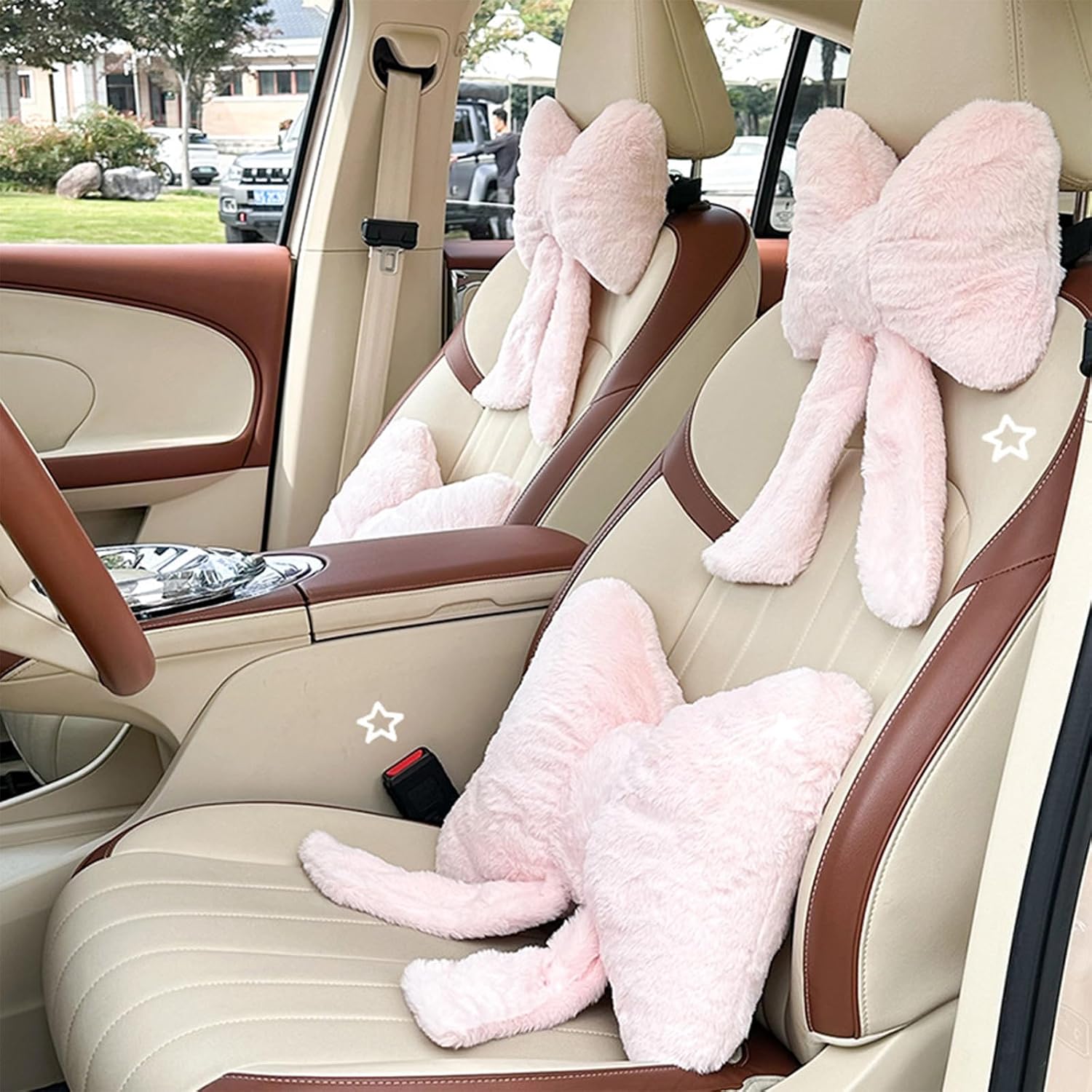 Goylmc Bowknot Car Headrest & Lumbar Support Cushion Set, Bowknot Plush Pillow,Bow Car Headrest Pillow (Pink)