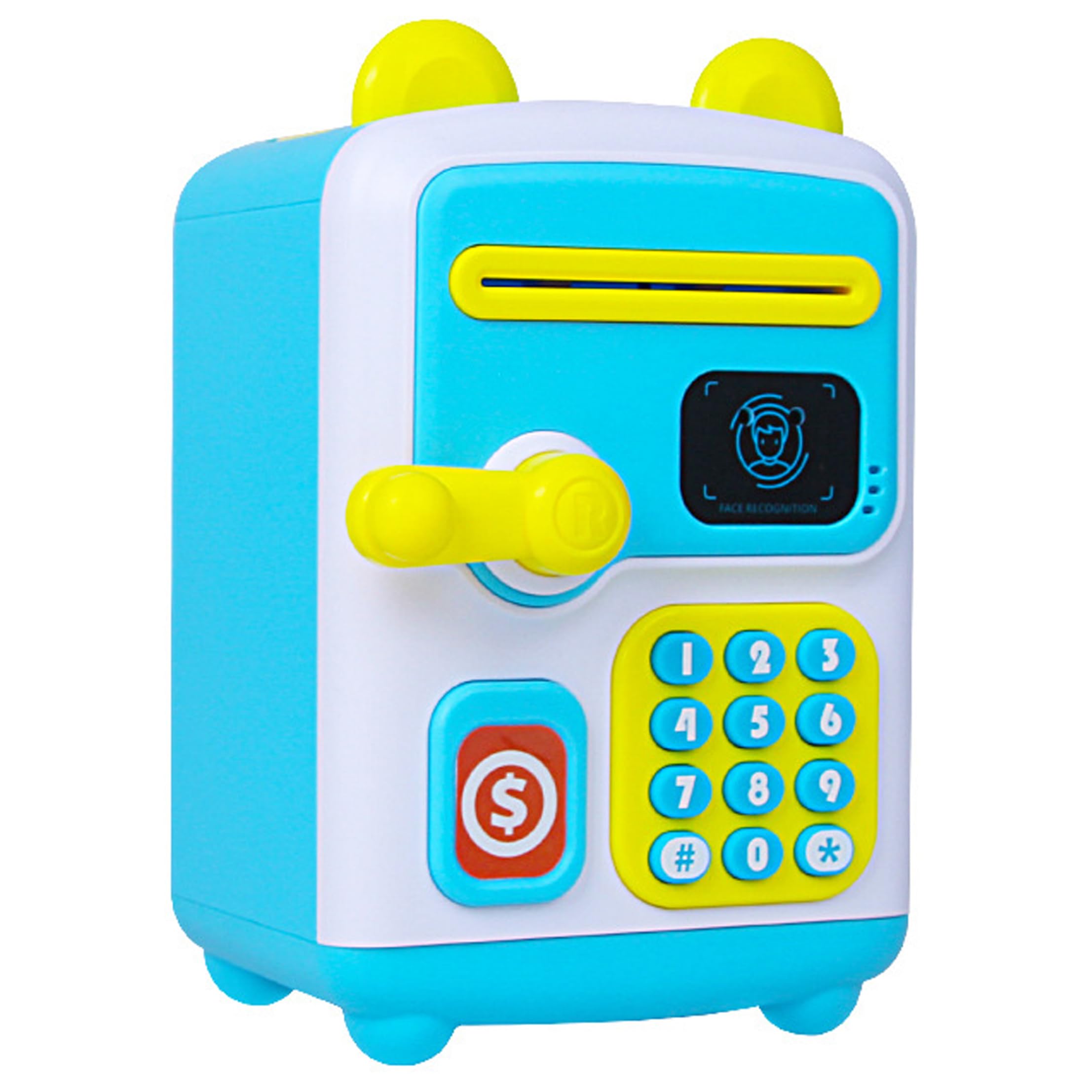 Blue ATM Piggy Bank with Face ID Password, Auto Scroll Paper Cash Coin Saving Box for Kids 3-12
