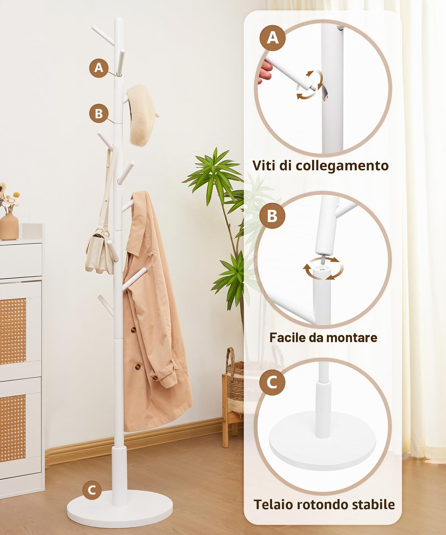 Yorbay Appendiabiti Faggio Massello Albero: 9 Ganci, 38 x 179 cm (Bianco) | Appendiabiti a Forma di Albero per Giacche Cappelli Borse - per Camera da Letto Ufficio Ingresso