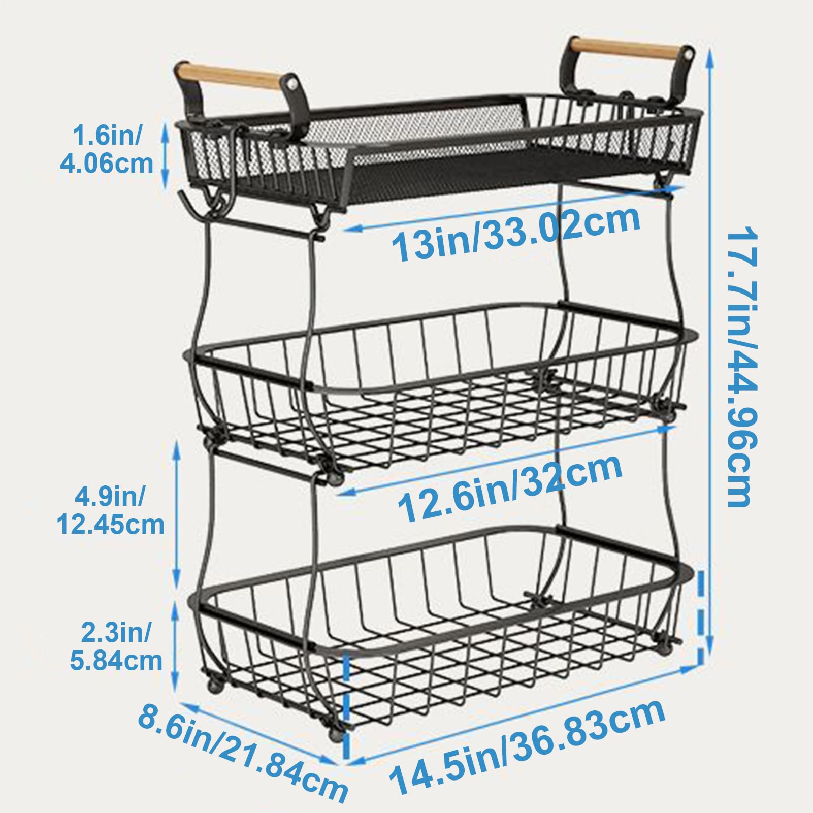 Soporte de baloncesto de frutas genérico, 3 Tier Produce Organizer, Wire Bowl Rack, 17,7 pulgadas con Banana Hanger, Space Saving Countertop Storage for Vegetables Snacks Bread, Home Restaurant Pantry