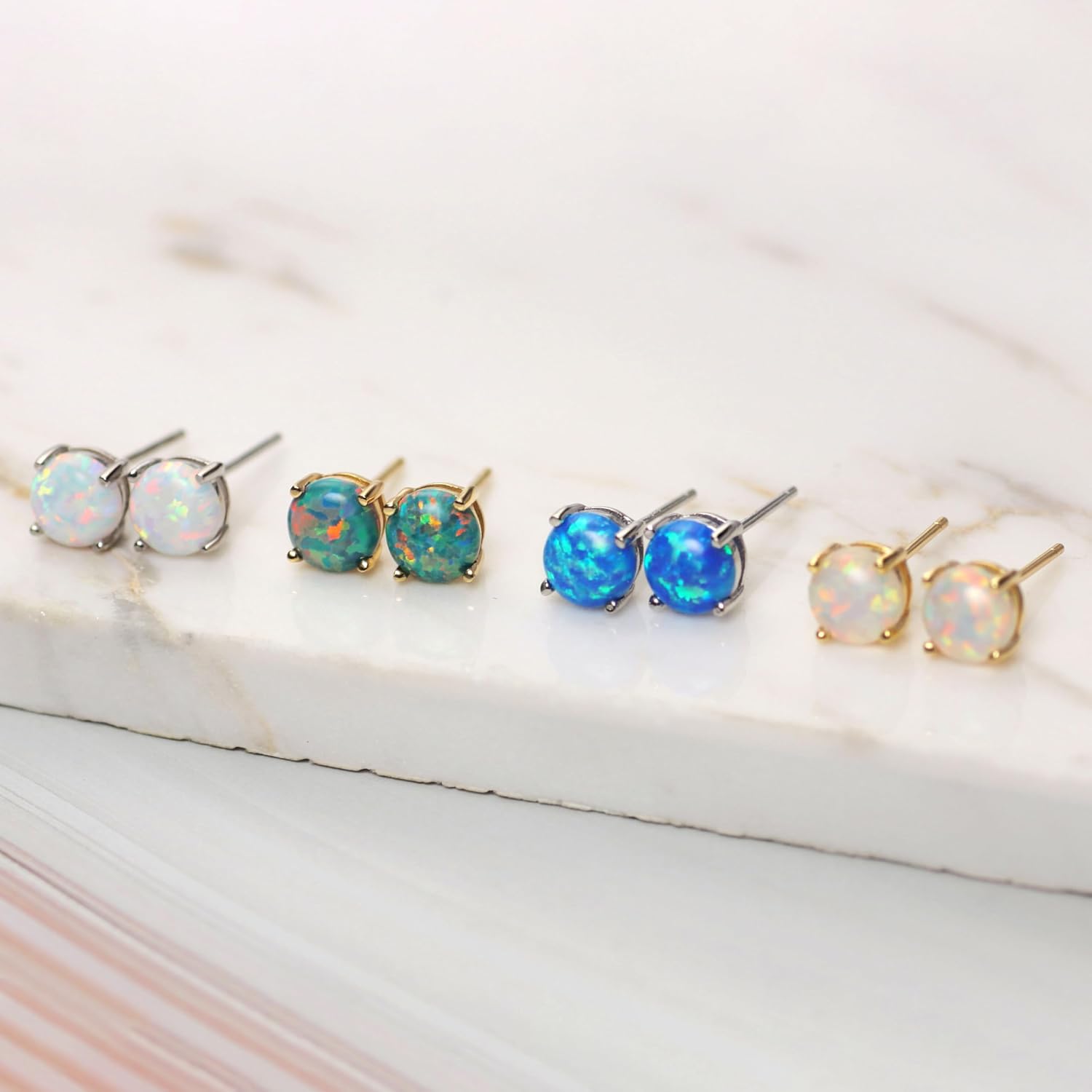 Michooyel 18K Gold Plated Opal Stud Earrings for Women Sterling Silver 5mm Solitaire Green Opal 4 Prongs Setting Simple Women Earrings - Image 5