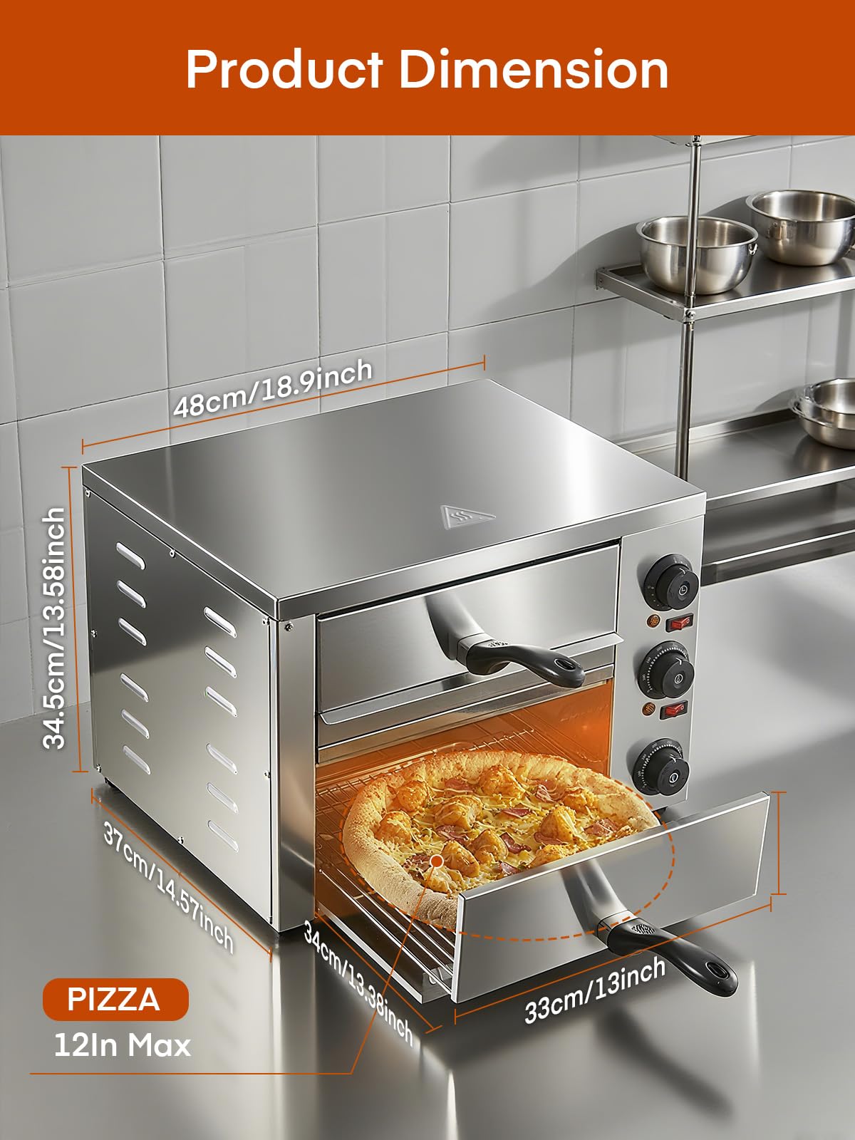 Professional Doppel Pizzaofen 3000W, 12 Zoll Kommerzieller Pizzabackofen Elektrisch Edelstahl mit 15-Minuten-Timer 350℃ für Pizza, Brot und Backwaren