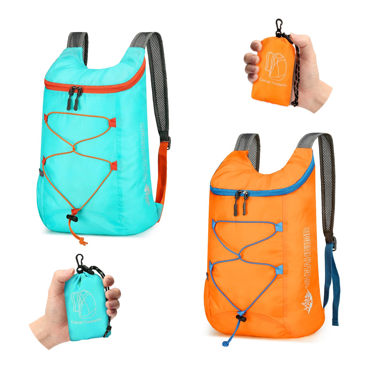 Sahunfri 2 Pcs Ultra Lightweight Backpack, Foldable Backpack Water Resistant Travel Rucksack, Multi-Functional Foldable Backpacks Womens Men For Camping, Hiking, Biking (Blue Orange)