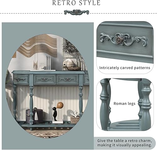 Miniatura 6 de Polibi Mesa consola curvada retro con estante de estilo abierto y 4 cajones superiores, mesa de entrada de media luna de 52 pulgadas de ancho con