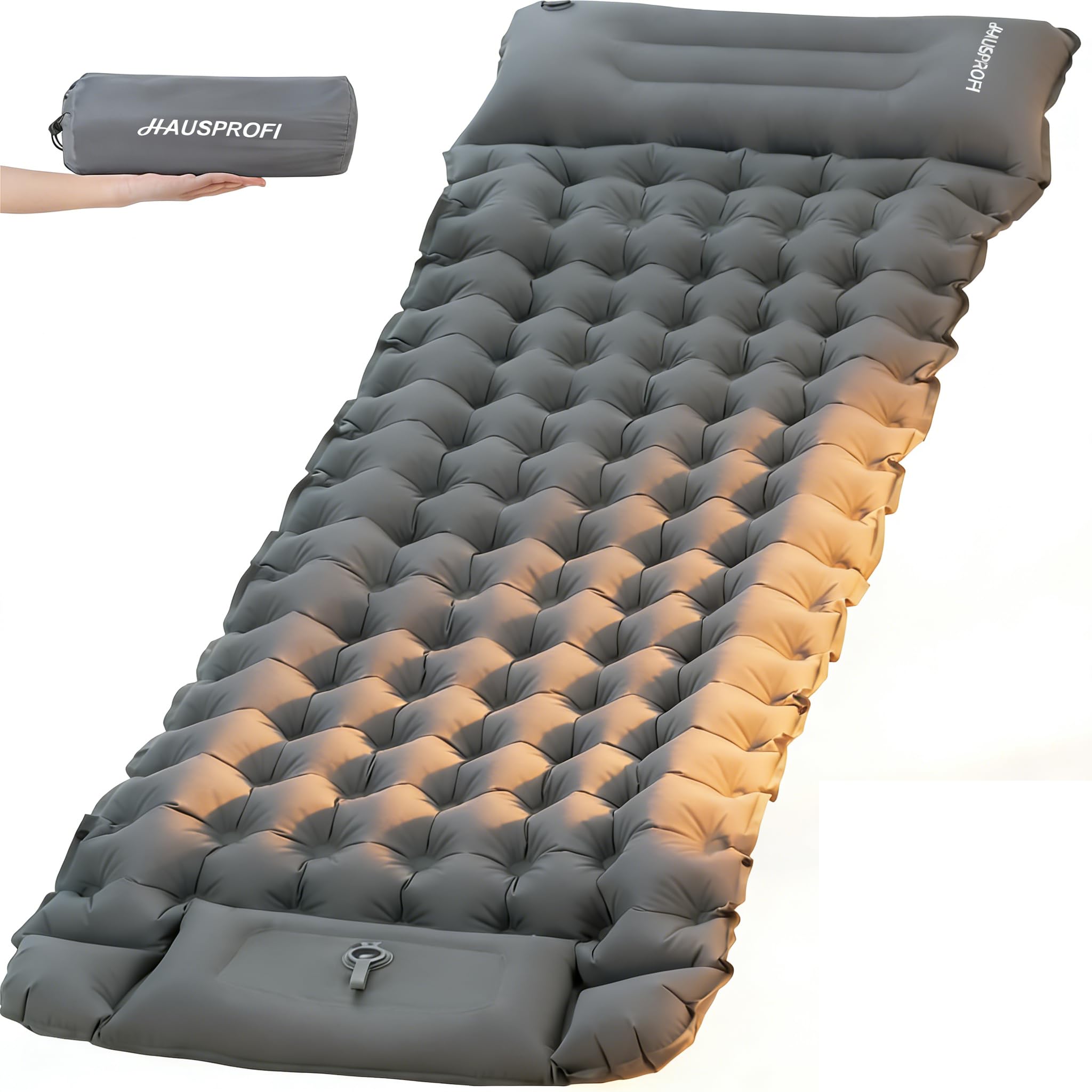 HAUSPROFI Isomatte Camping, 10cm Ultraleicht Camping Luftmatratze mit Fußpumpe & Kissen, Aufblasbare Matratze Kompakte und Leichte, Campingmatte für Wandern Strand Outdoor, Armeegrün, Grau