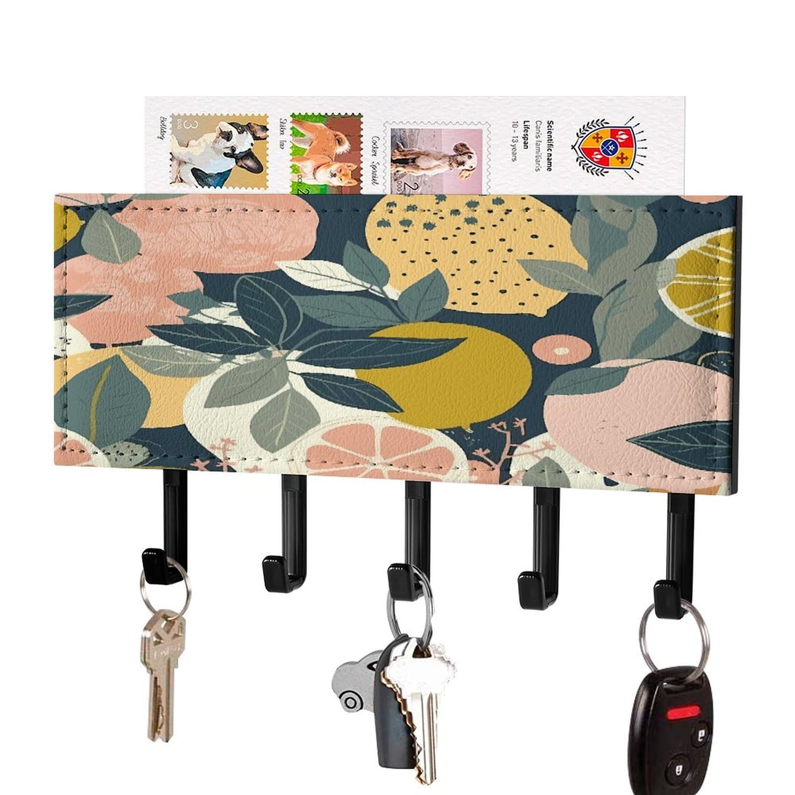 JTREHY Lemon Citrus Pattern Key Holder Wall Mount Decorative Key and Mail Holder PU Leather Adhesive Key Organizer Hanging Key Hooks Wall Shelf with 5 Hooks for Entryway Hallway Office