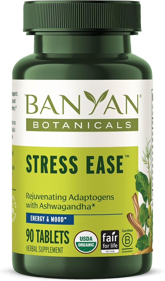 Banyan Botanicals Organic Stress Ease Adrenal Support & Resilience Supplement Ashwagandha & Shatavari for Fatigue & Nervous System Balance 90 Tablets USDA Organic