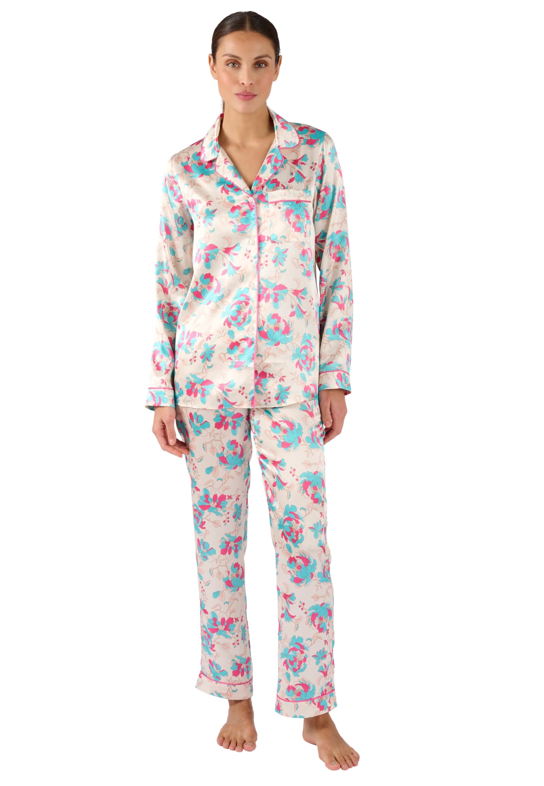 Damart - Satin Button-Through Pyjamas, Blue Flowers, 26/28