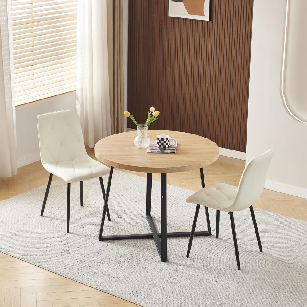 Menaka Round Dining Table and Chairs Set of 4 for Kitchen Diner, 5 Pieces Oak Wood Table with 4 Chairs for Compact Dinette Restaurant (2 argyle grid white Leather chairs, 95cm Oak Table) — image 1