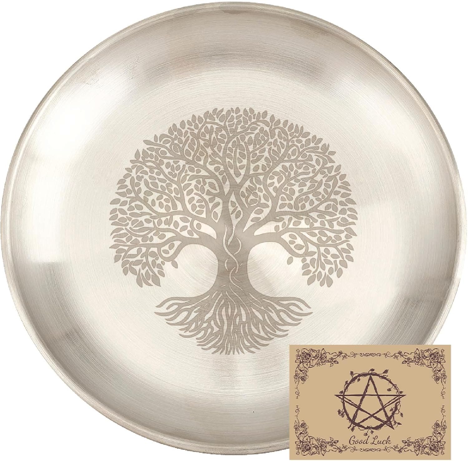 CREATCABIN Tree of Life Offering Bowl Altar Ritual Plate Stainless Steel Flat Bowl Round Tray Dish Holder with Card Silvery Jewelry Dish for Smudging Incense Burner Decoration 5.55Inch