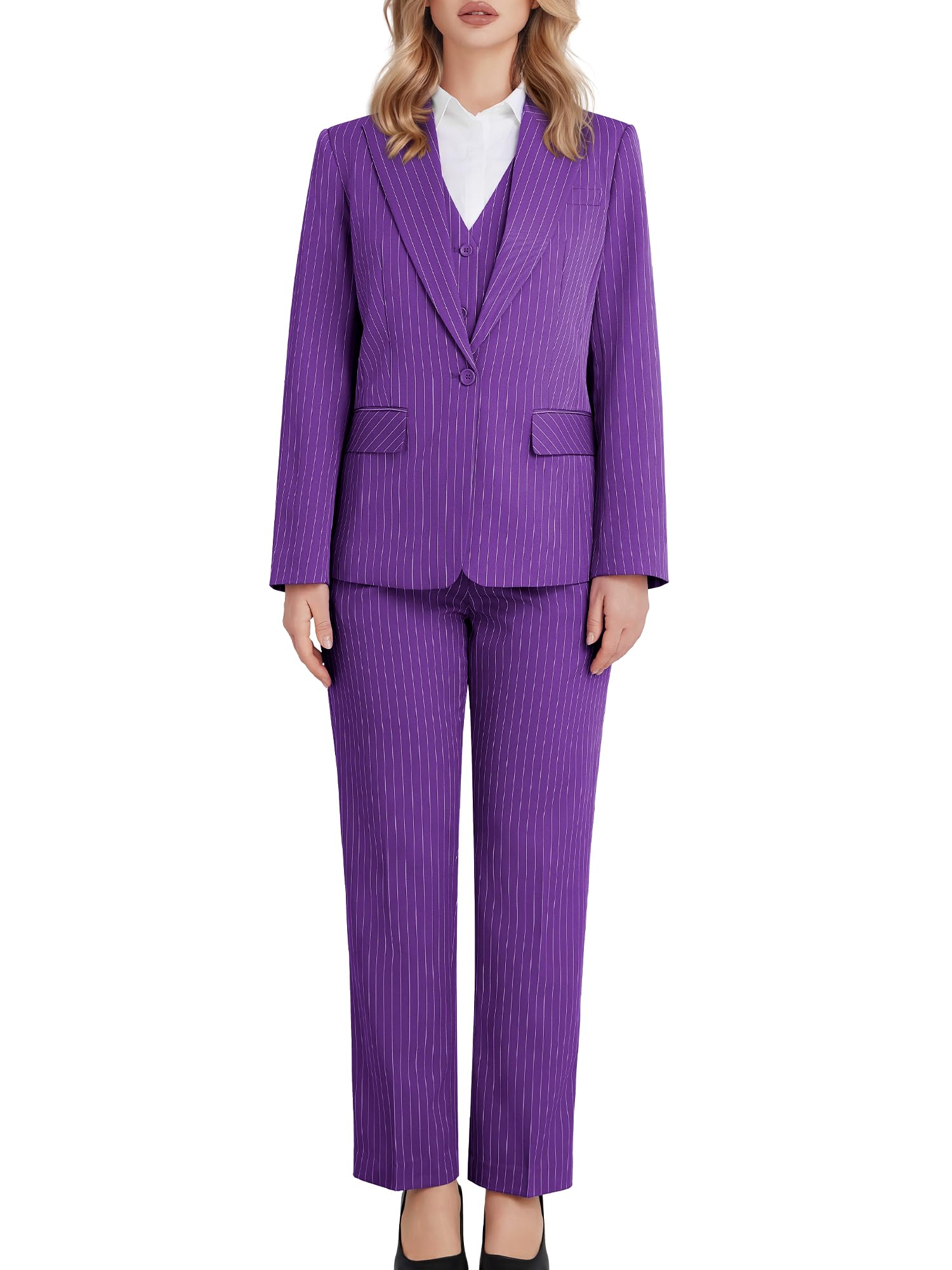 Kelyaa Completo da donna, 3 pezzi, a righe, con un bottone, slim fit, giacca e pantaloni professionali