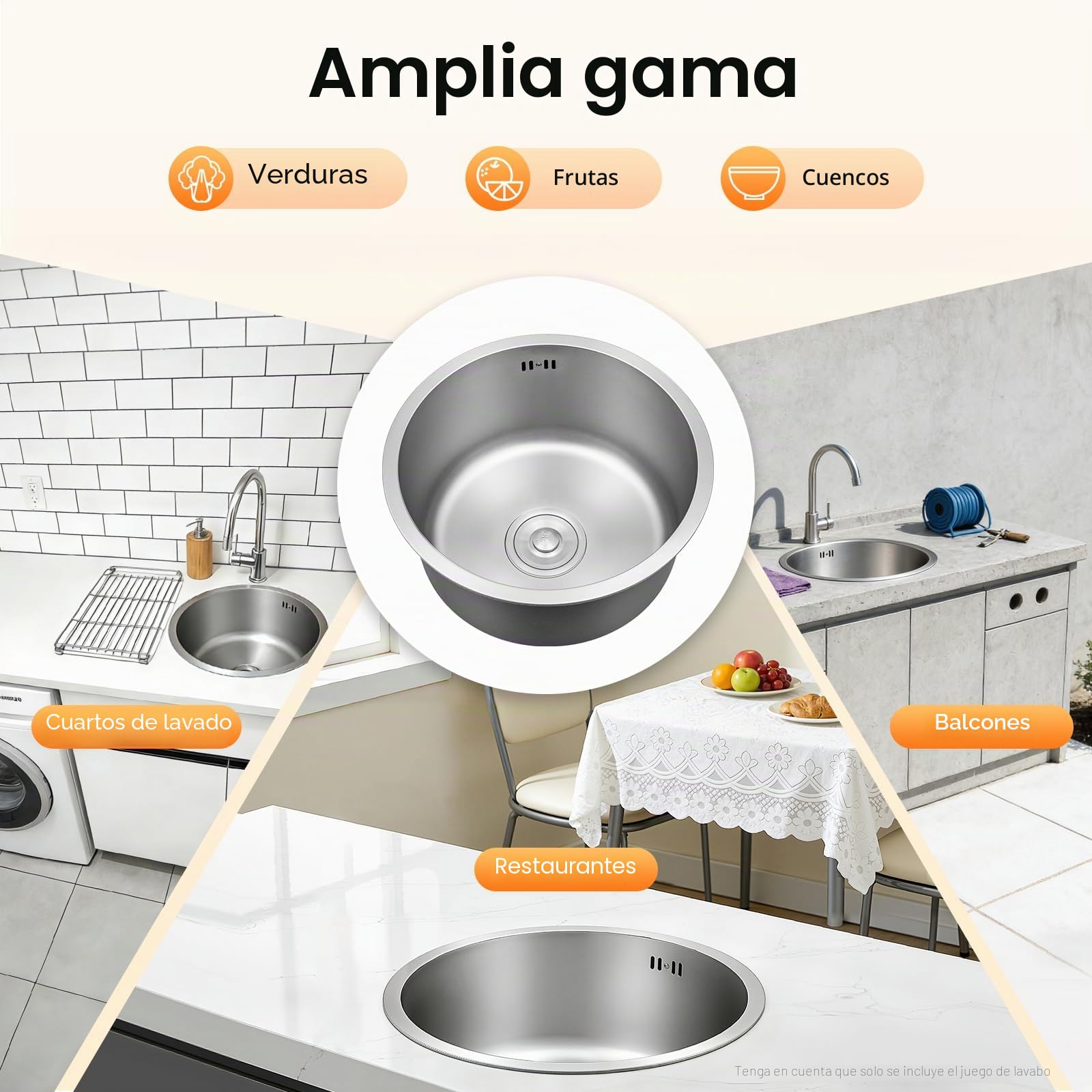 Fregadero redondo de acero inoxidable 304, 38 x 38 cm Fregadero Cocina | Fregadero de cocina redondo con Tubo de desagüe, para Hogares, Restaurantes, Sótanos, Bares, Cocinas