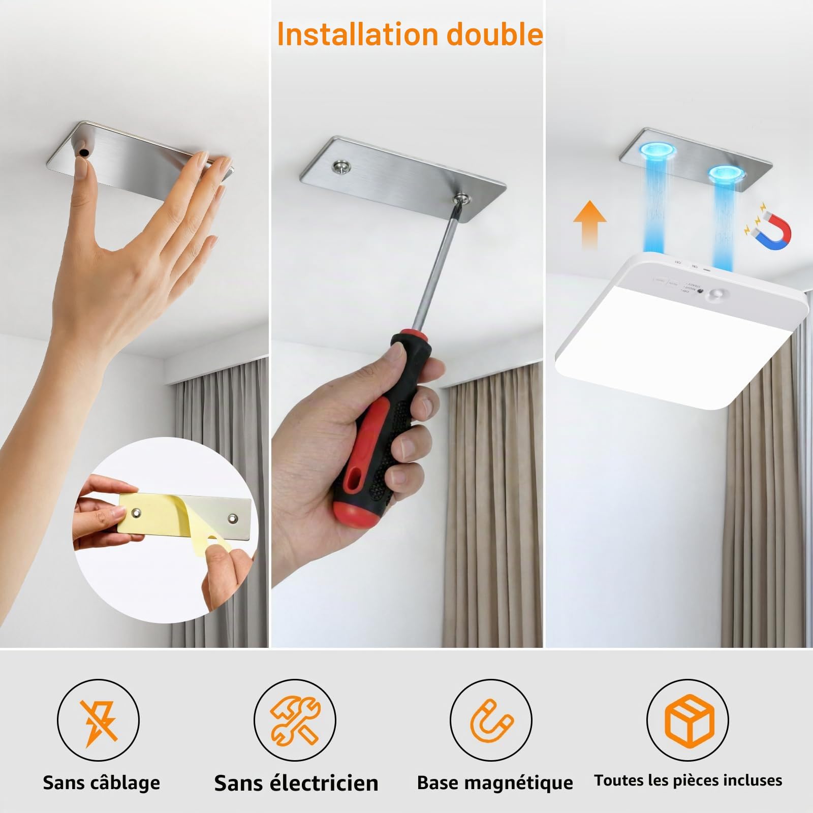 Lampe de Plafonnier Détecteur de Mouvement Intérieur Plafond Luminaire | 6000mAh Rechargeable Sans Fil, Salle de Douche, Salle de Bain, Garage, 3 Températures de Couleur avec Télécommande,Lot de 2