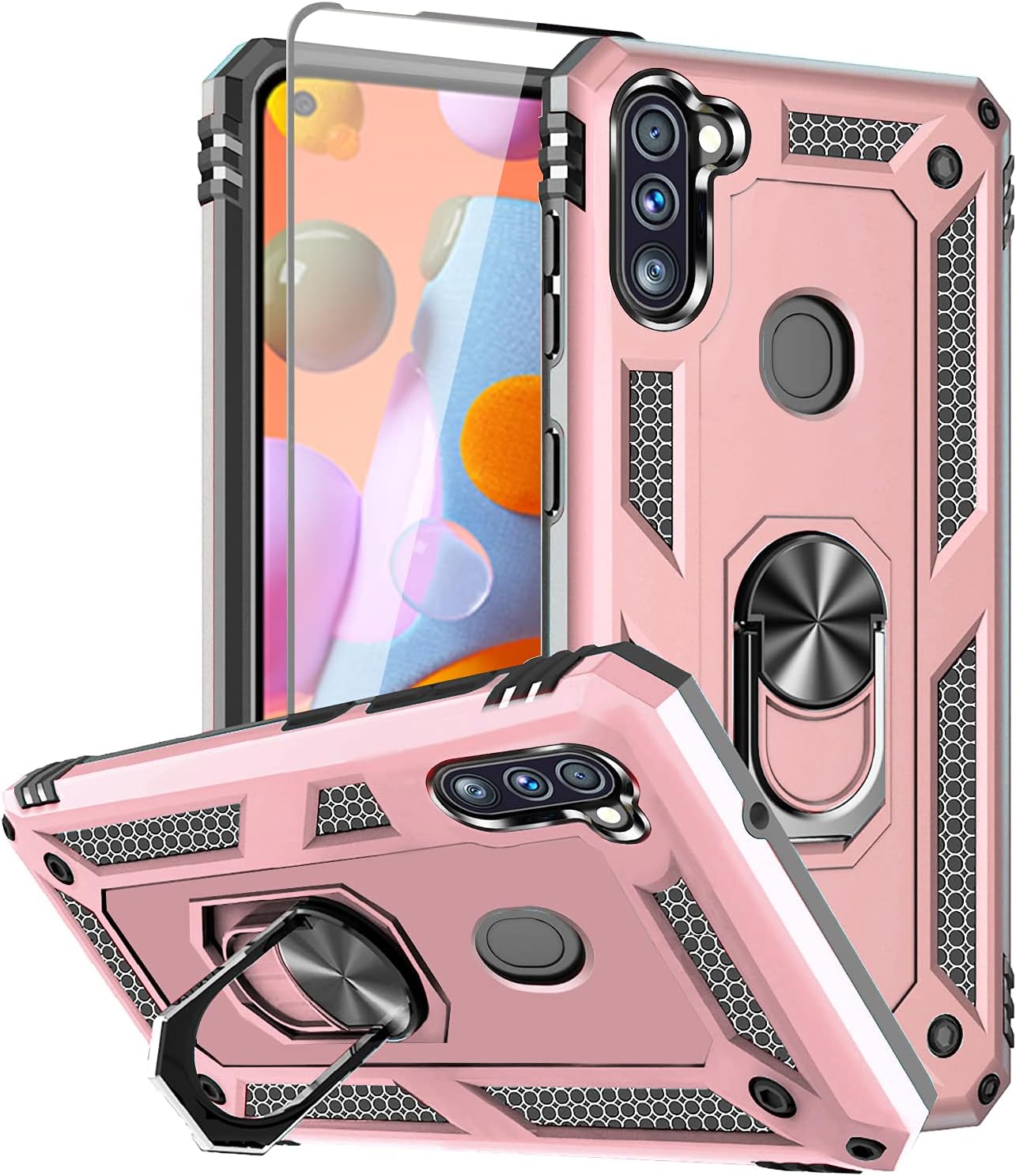 SunRemex Galaxy A11 Case with Tempered Glass Screen Protector. A11 Case Kickstand [ Military Grade ] 15ft. Drop Tested Protective Case Cover for Samsung Galaxy A11 Phone (Rose Gold)