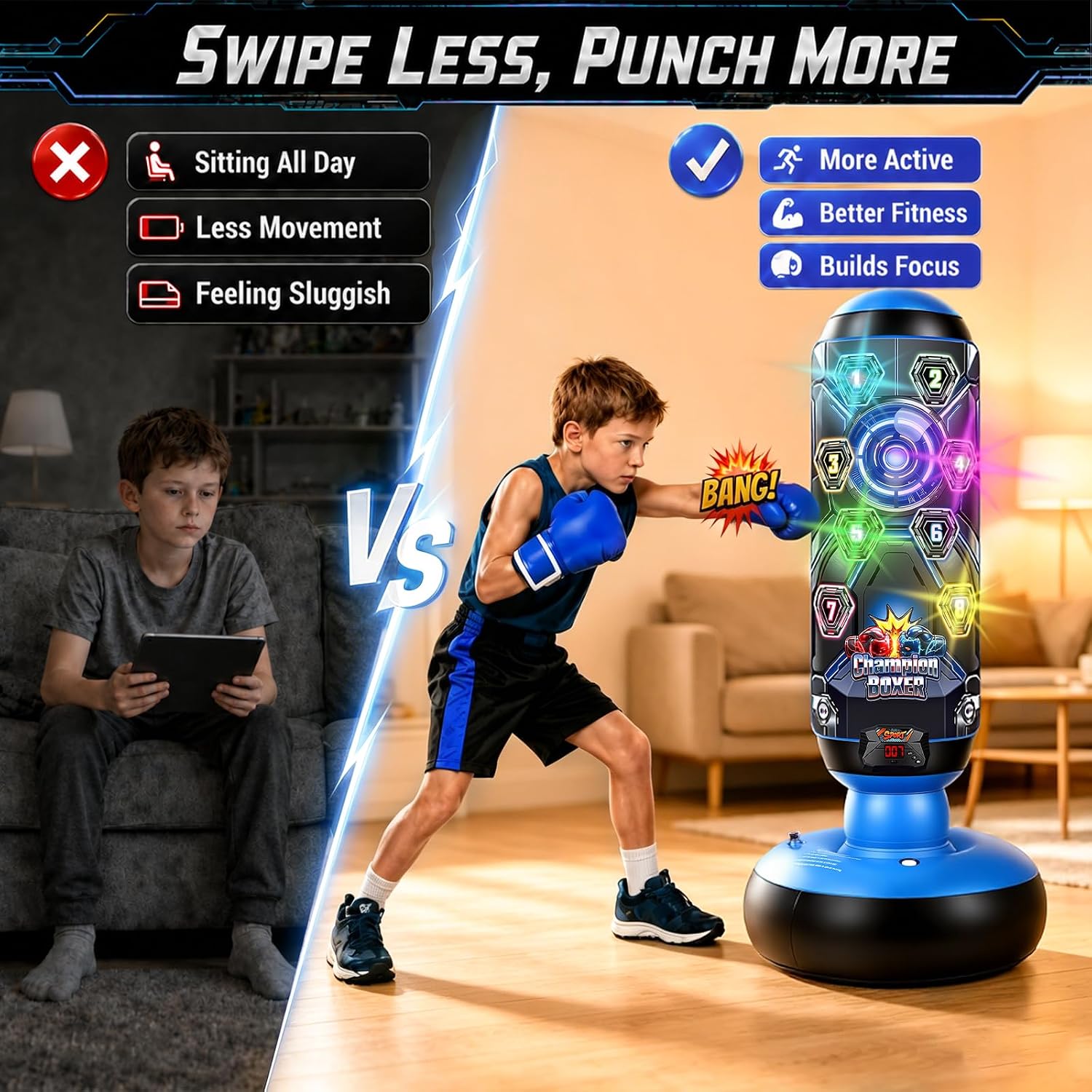 Punching Bag for Kids with Gloves & Pump, LED Lights Music & Electronic Scoring, 4 Game Modes Interactive Cyberpunk Inflatable Boxing Set, Freestanding Toys for Boys Girls Ages 4-12 Gifts