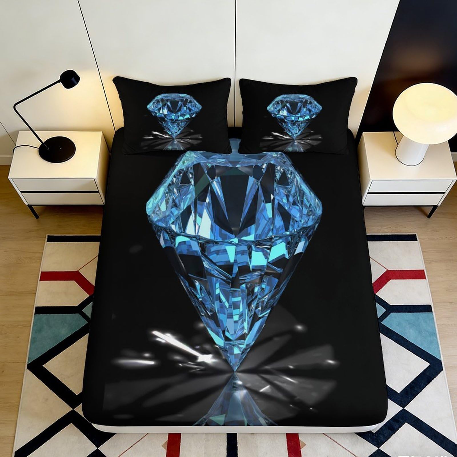 Dhbaneiok Style-6 3D Printed Blue Diamond Fitted Sheet Microfiber Soft Artistic Gem Bed Sheet For Bedroom Guest Room Mattress Decor 90X200x25cm