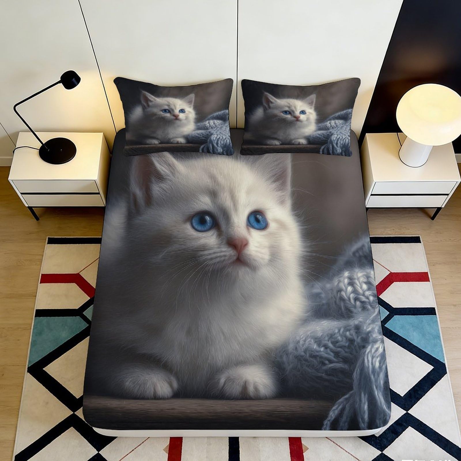 3D Printed Blue Eyed Cat Fitted Sheet Microfiber Soft Anti-Slip White Kitten Mattress Cover Bedroom Decor 90x200x25cm