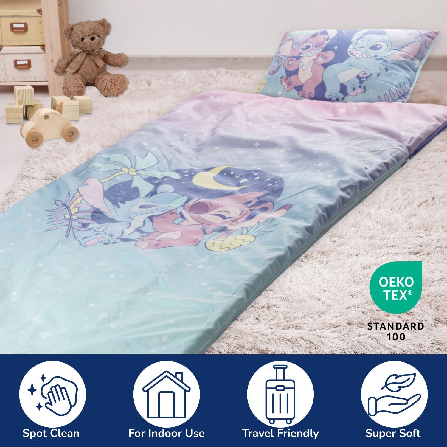 Set de 2 con Almohada y Manta de Lilo y Stitch Disney, Suave Saco de Dormir Infantil con Bolsa y Almohada, para Fiestas de Pijamas, Viajes y acampadas