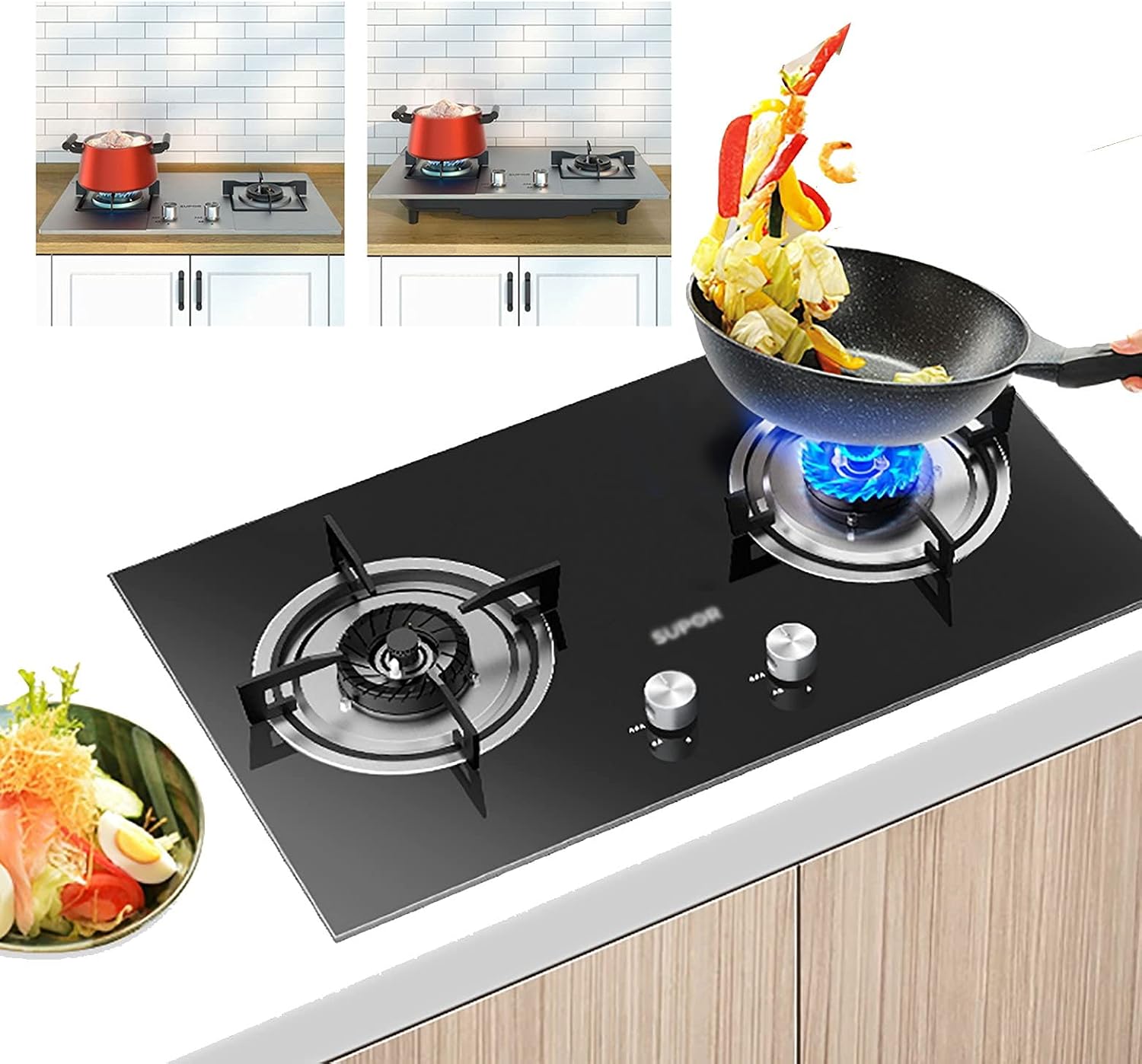 Profession Gas Hob 72CM Stainless Steel/Tempered Glass 4.2KW Built-in Gas Stove Cooktop Countertop Burners (Silver NG) (Silver NG)