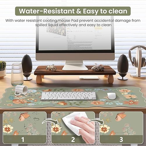 Miniatura 5 de iCasso Tapete de escritorio festoneado para teclado y mouse, alfombrilla de mouse grande festoneada, alfombrilla de escritorio floral, alfombrilla