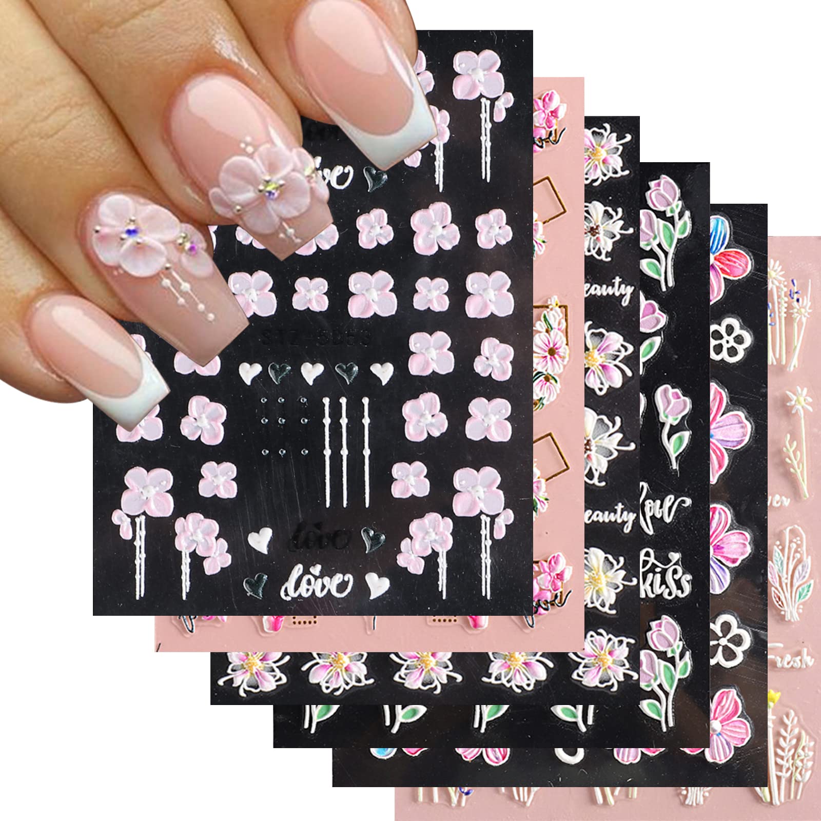 YOSOMKFlower Nail Art Stickers Decals 5D Embossed Nail Decals Spring Tulip 3D Self-Adhesive Nail Supplies Lace Engraved Flower Nail Decoration Accessories for Women and Girls Nail Design(6 Sheets)