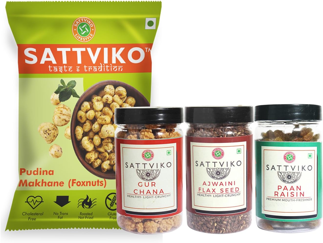 Sattviko Pudina Makhana Ajwaini Flax Seeds Gur Chana and Paan Raisins Combo, 331g