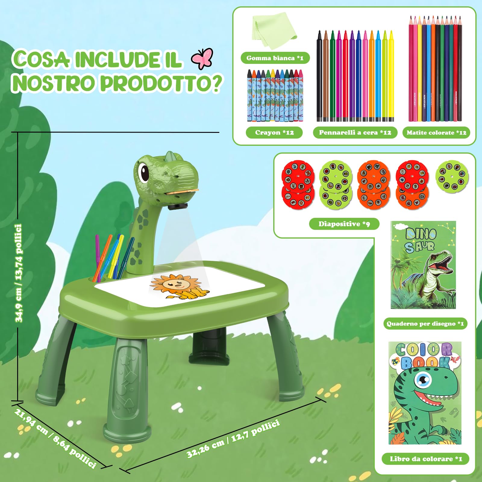 Dinosauro Proiettore da disegno per bambini con 72 motivi Proiettore per bambini con matite, pastelli, album, libro di adesivi, adesivi di dinosauri, timbro