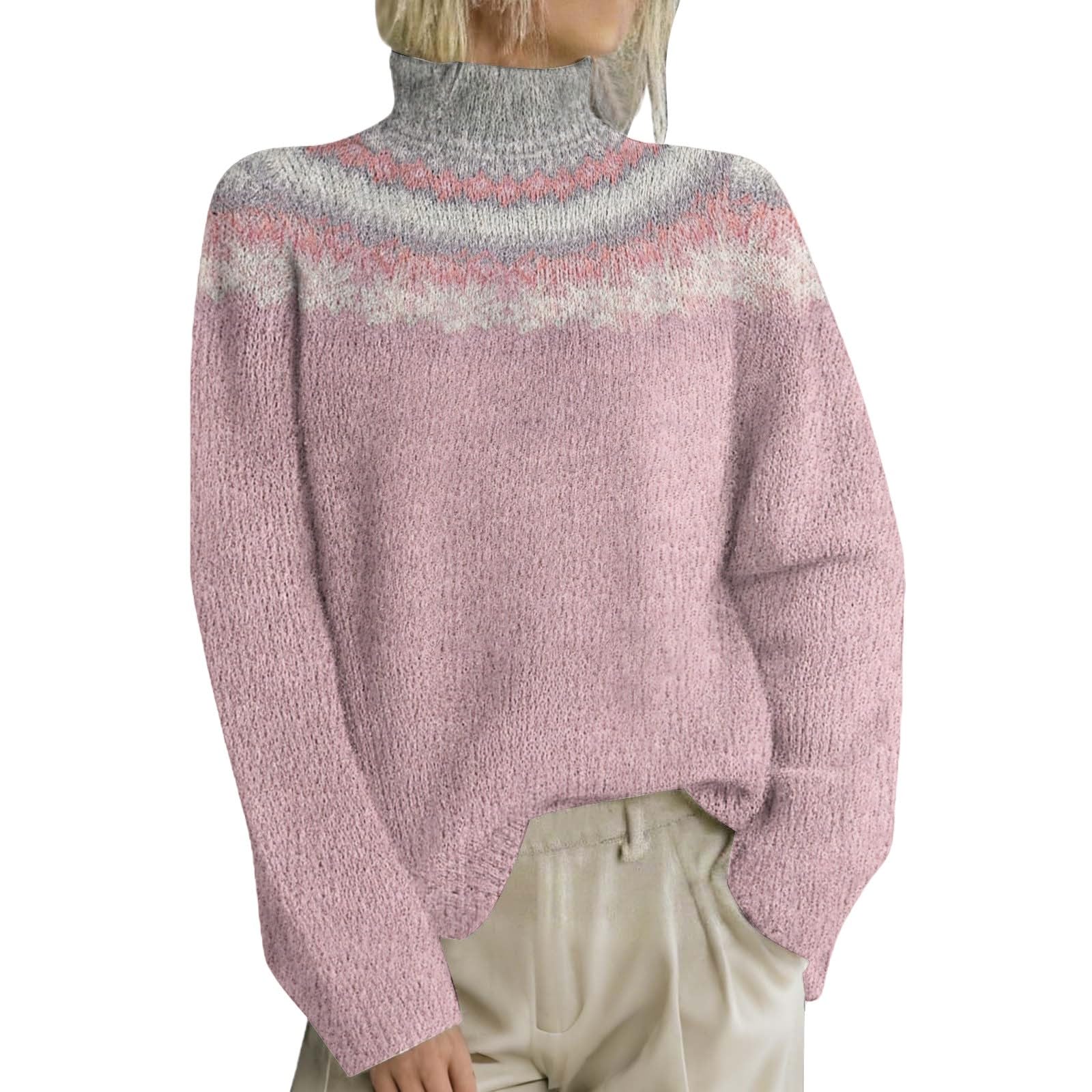 Fair Isle Sweater Women Vintage Long Sleeve Colorful Knitted Cashmere Sweater Turtleneck Lightweight Trendy Pullover
