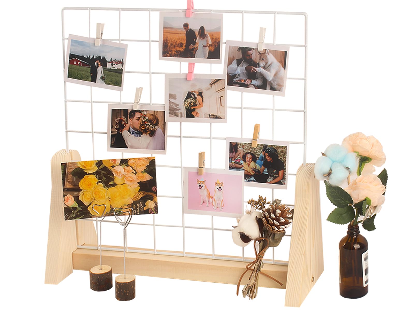 WANMEIZI 15.7”X15.7” Grid Wall Countertop Display Stand Metal Grid Wall Stand with Mini T-Base Portable Tabletop Display Unit with 20 Small Clips for