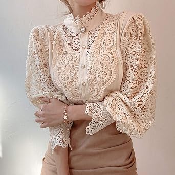 Womens Elegant Lace Trim Shirts Casual Victorian Blouse Long Sleeve Button Down Tops