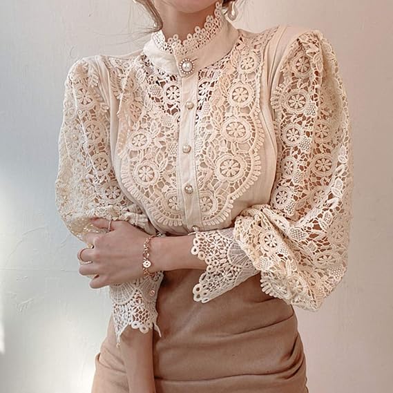 Womens Elegant Lace Trim Shirts Casual Victorian Blouse Long Sleeve Button Down Tops