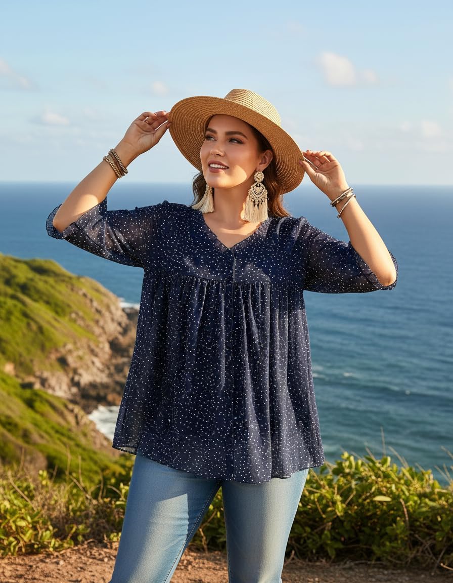 Siddhe Plus Size Tops 3/4 Sleeve V Neck Chiffon Blouses Loose Fit Spring Summer Dressy Boho Casual Tunic for Leggings(XL-5XL) - Image 2