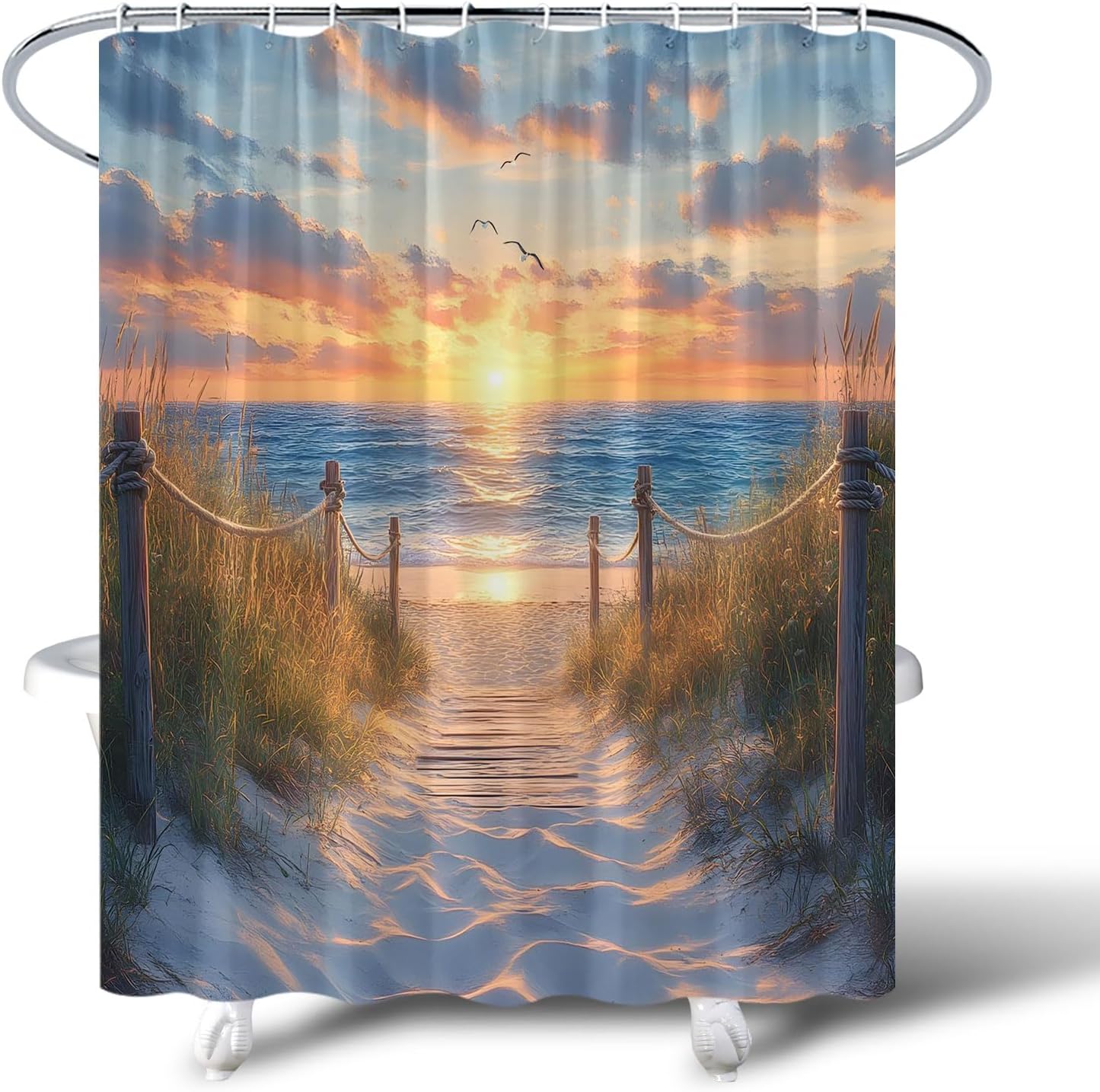 Ocean Beach View Shower Curtain Sunrise Sunset Scene Hawaii Seashore Sun Grass Sand Summer Coastal Seaside Seagull Peaceful Seascape Nautical Vacation Bathroom Decor Fabric Curtain with Hooks