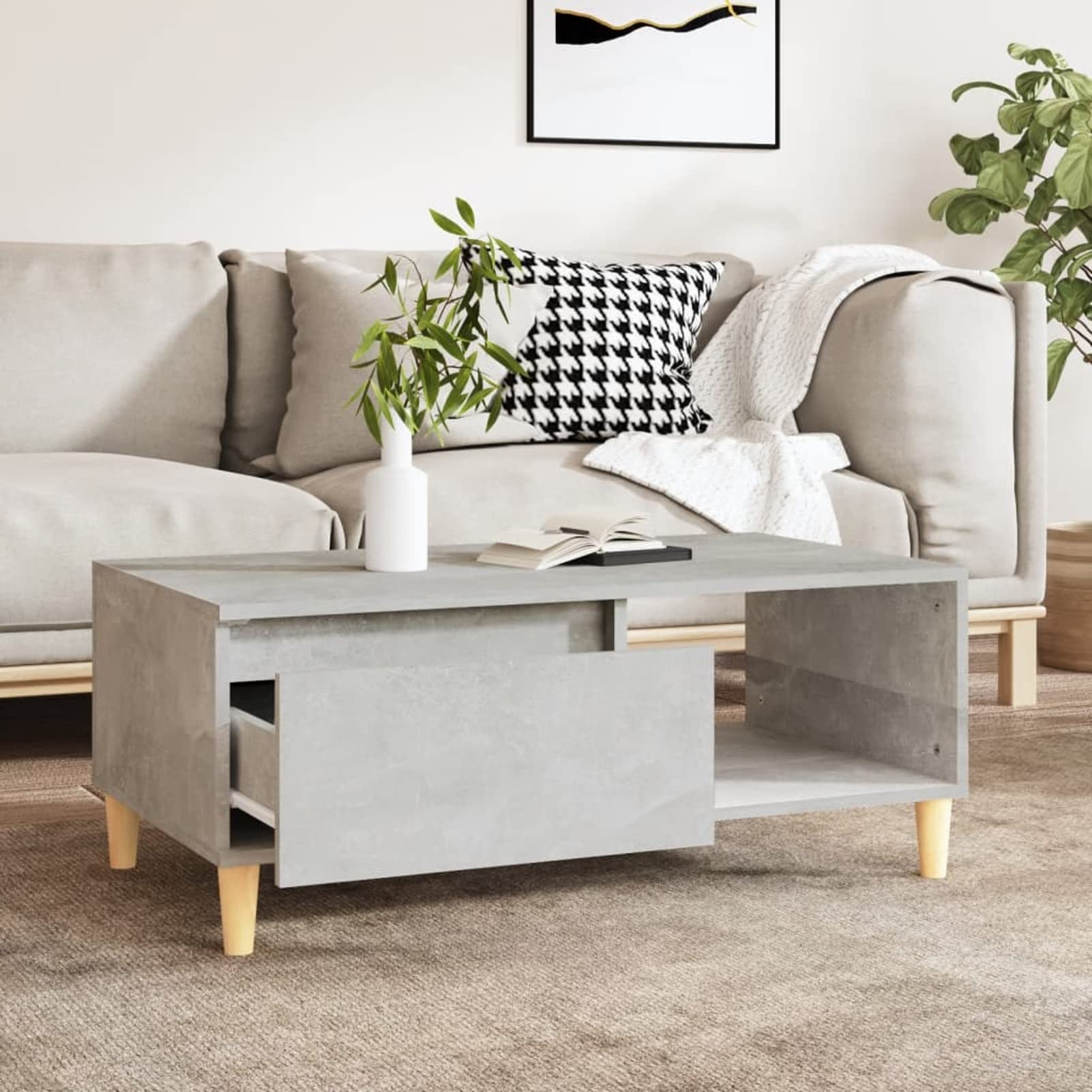 Mesa de centro escandinava con almacenamiento, 90x50x36,5 cm, gris hormigón, madera contrachapada y eucalipto