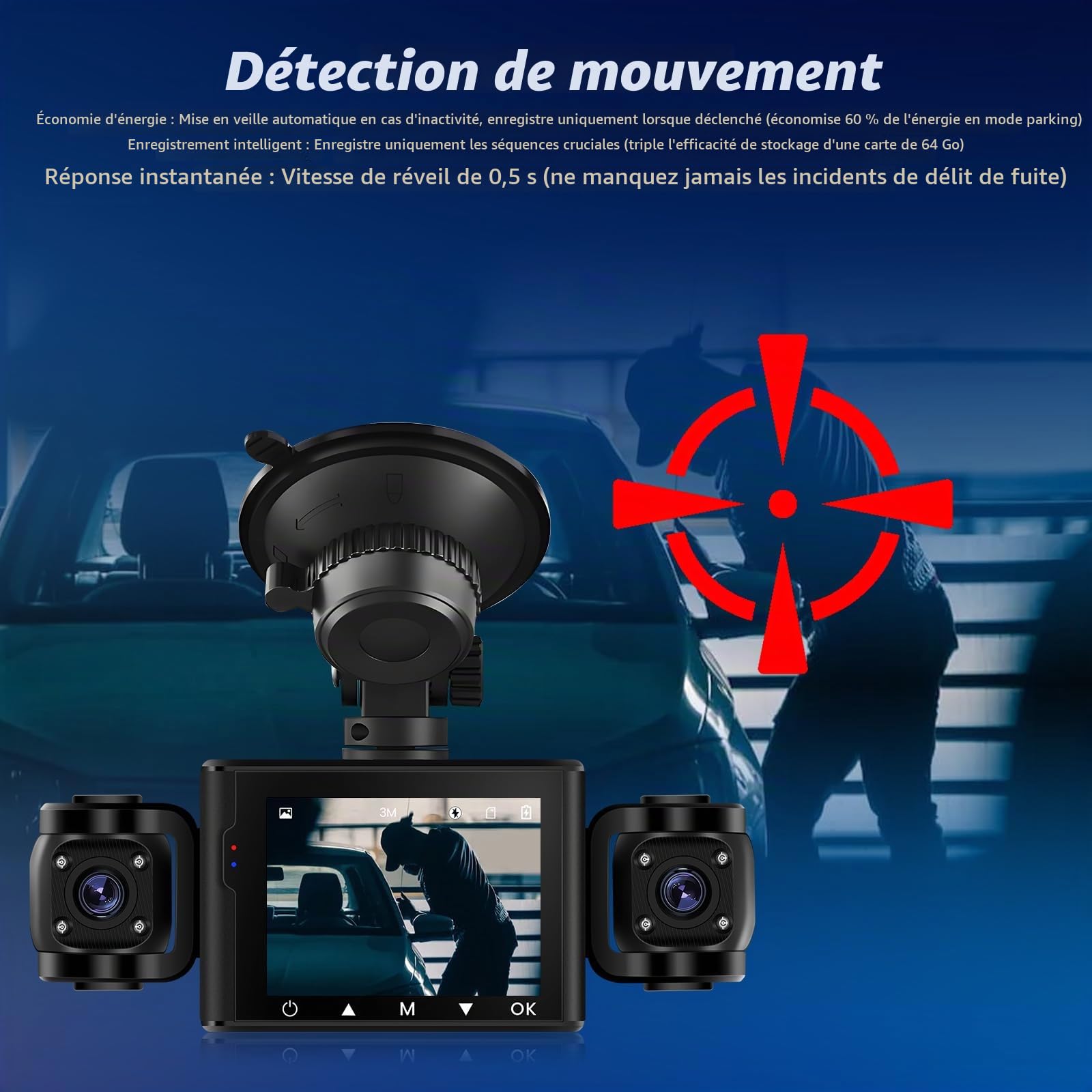 Dashcam Voiture 3 Canaux avec Carte 64Go – Caméra Embarquée Avant & Intérieur, Full HD 1080P, Vision Nocturne, Parking Mode, Détection de Mouvement, Mini Cam Voiture Rotative