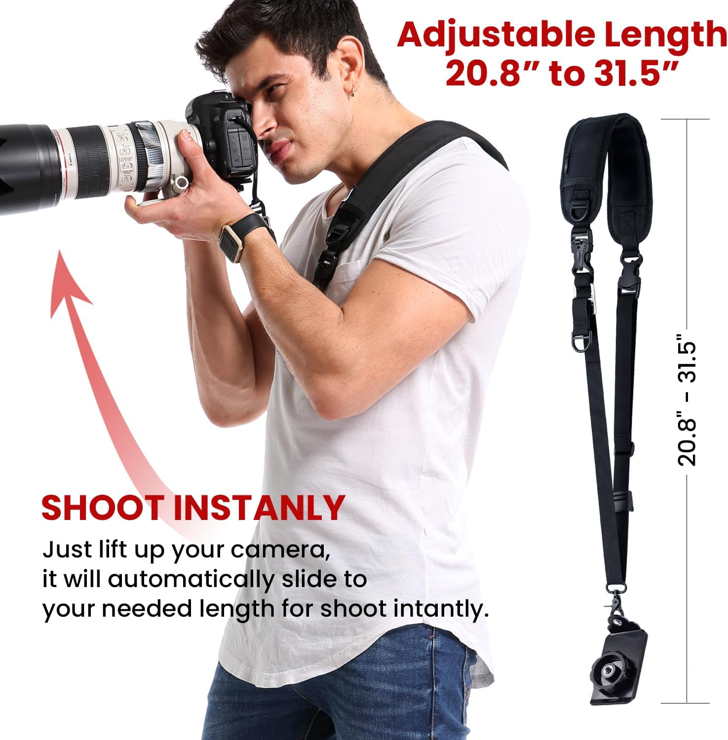 Waka Rapid Camera Neck Strap with Quick Release and Safety Tether, Adjustable Shoulder Sling Strap for Nikon Canon Sony Olympus DSLR - Black - Image 6