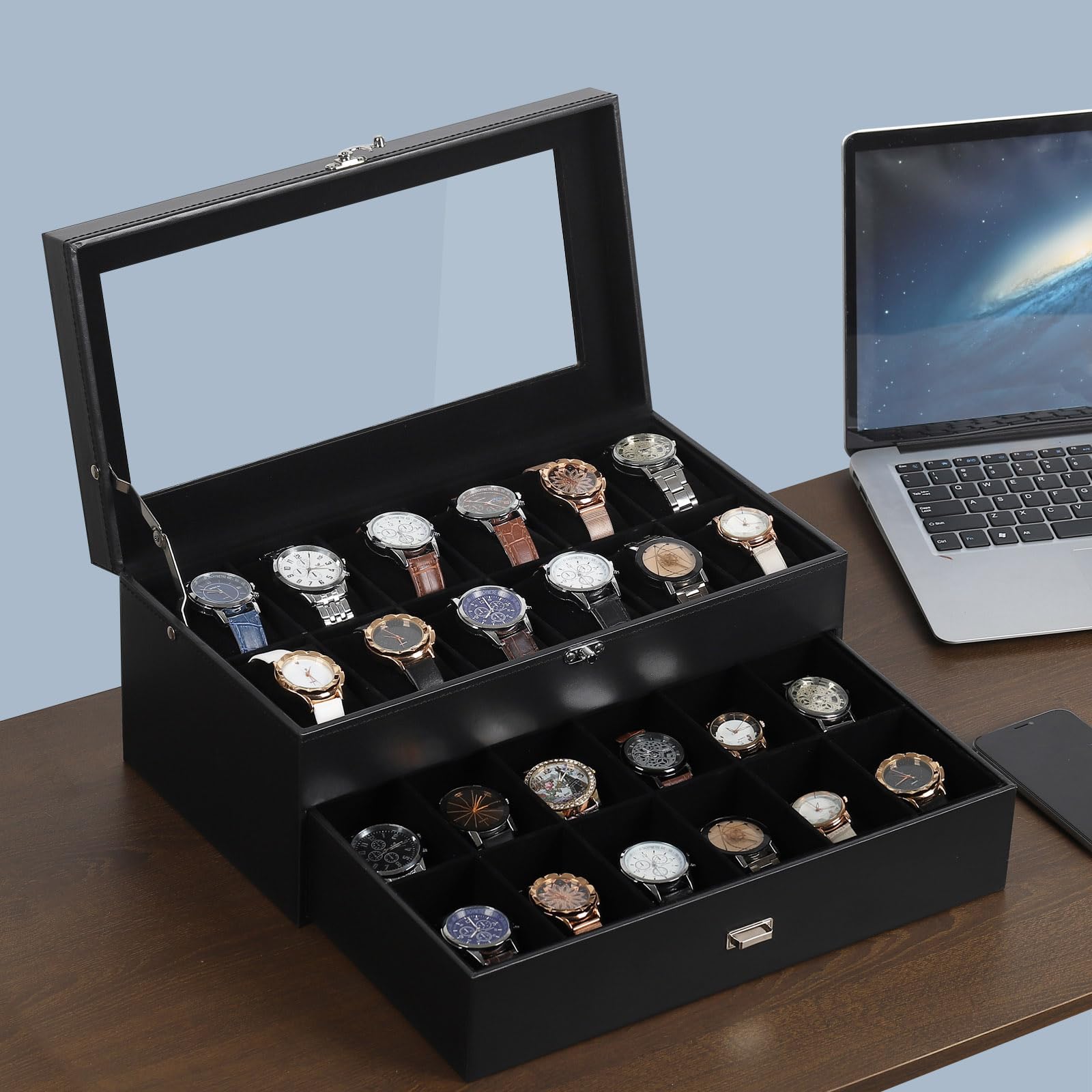 AUTOARK Caja organizadora de 24 relojes con tapa de vidrio y cajón de joyas de cuero y terciopelo, negro MKAW035