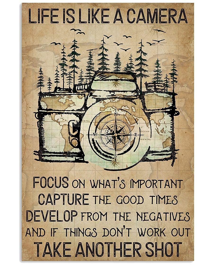 cutespree Metal Tin Signs Camping Hiking with Camera and Forest Art Life is Like A Focus On What's Important Capture The Good Times Wall Hanging Paper Photography Abstract Watercolor 12x8 inch
