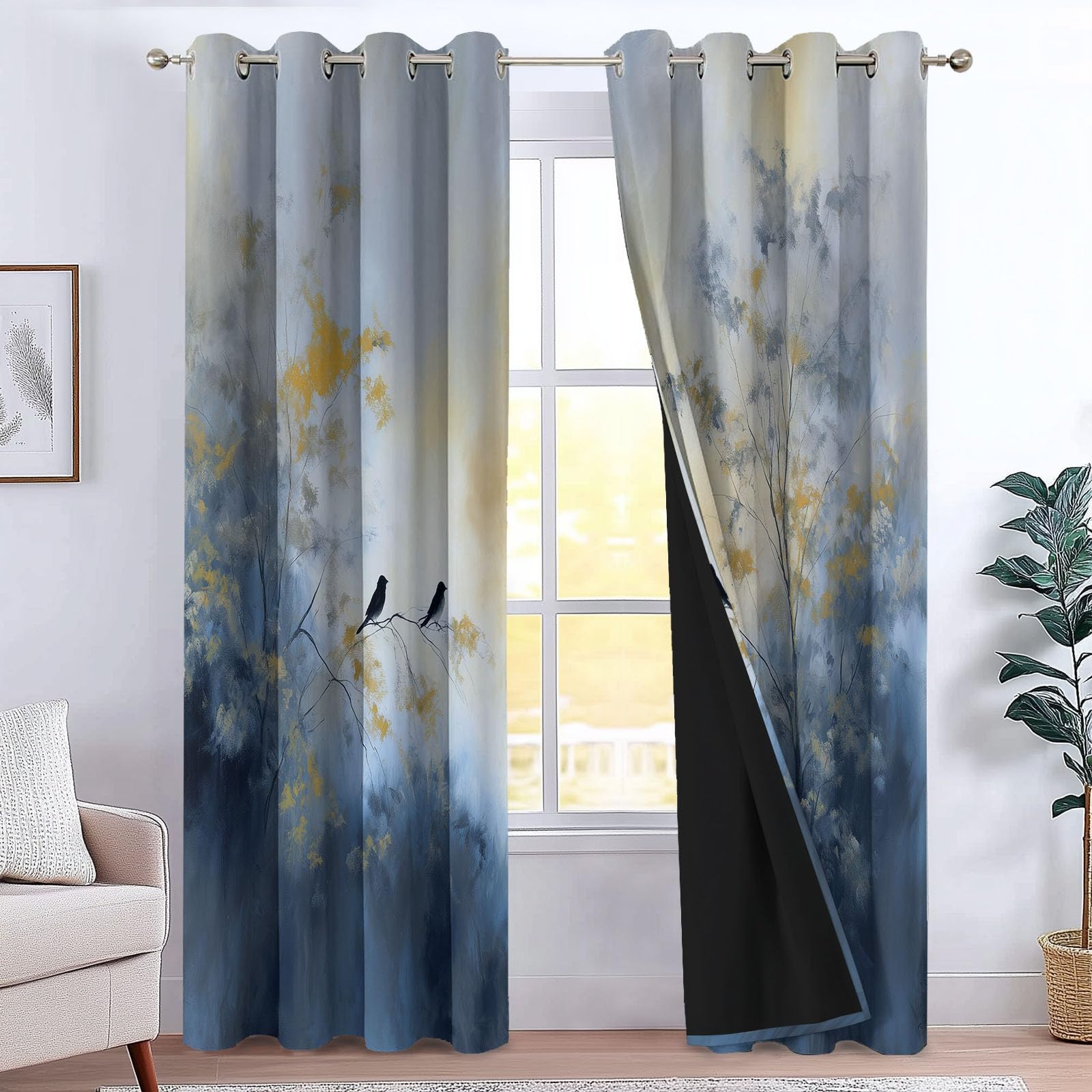 Grau Blickdicht Vorhänge für Wohnzimmer Gemälde Baum Vogel Verdunklungsvorhang mit Ösen, Blickdicht Gardinen Thermovorhang für Schlafzimmer Deko 2er Set, H 260 x B 140 cm