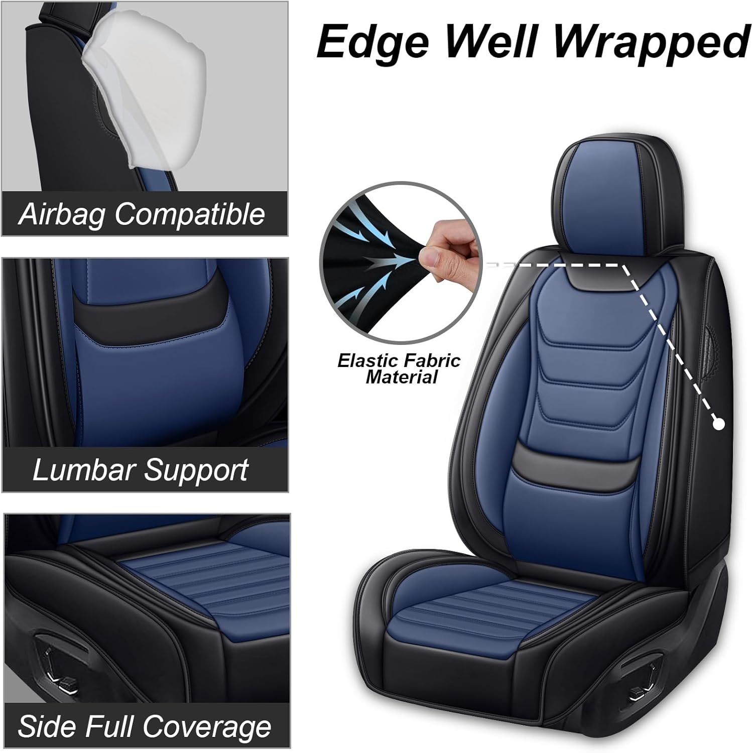 Nappa Leather Seat Covers Full Set for Honda Ridgeline 2006-2025, 5 Seats Waterproof & Tear-Resistant Car Seat Cover Inside Zipper Design and Reserved Opening Holes(Standard Full Set/Black Blue)