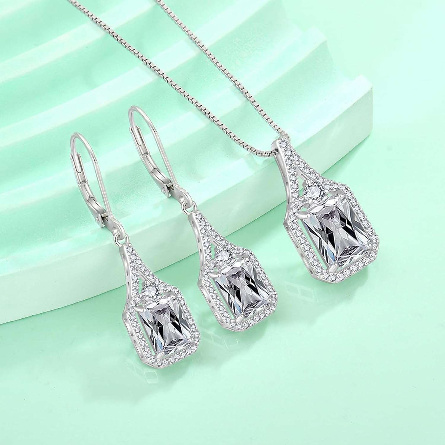 Created Gemstone Necklace 925 Sterling Silver Halo Rectangular Pendant Birthstone Necklaces Jewelry Gifts for Women - Image 5