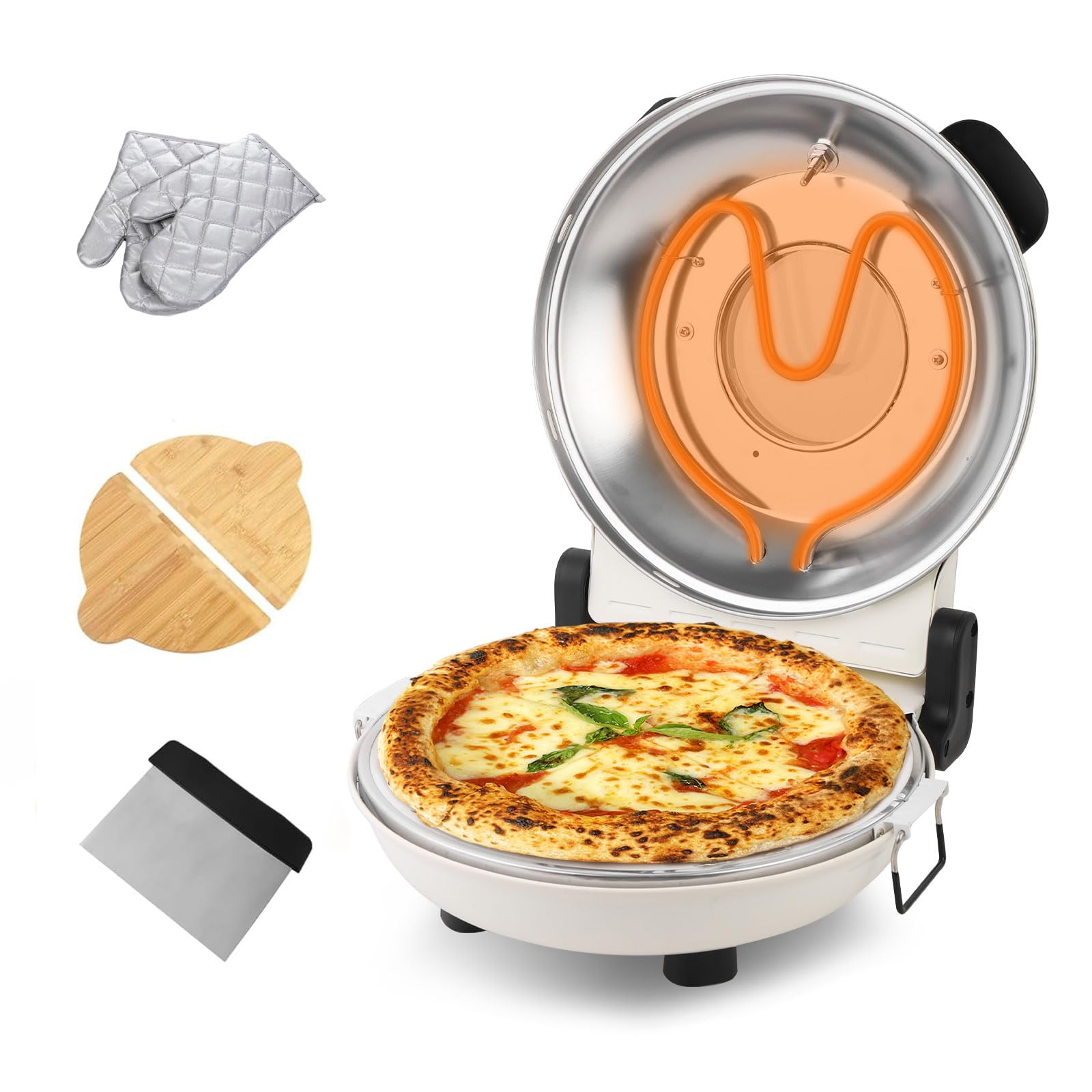 12-Inch Electric Countertop Pizza Oven – 800°F Indoor Pizza Maker with Pizza Stone, Temperature Control & Timer, Includes Heat-Resistant Gloves, Wooden Peel & Dough Cutter