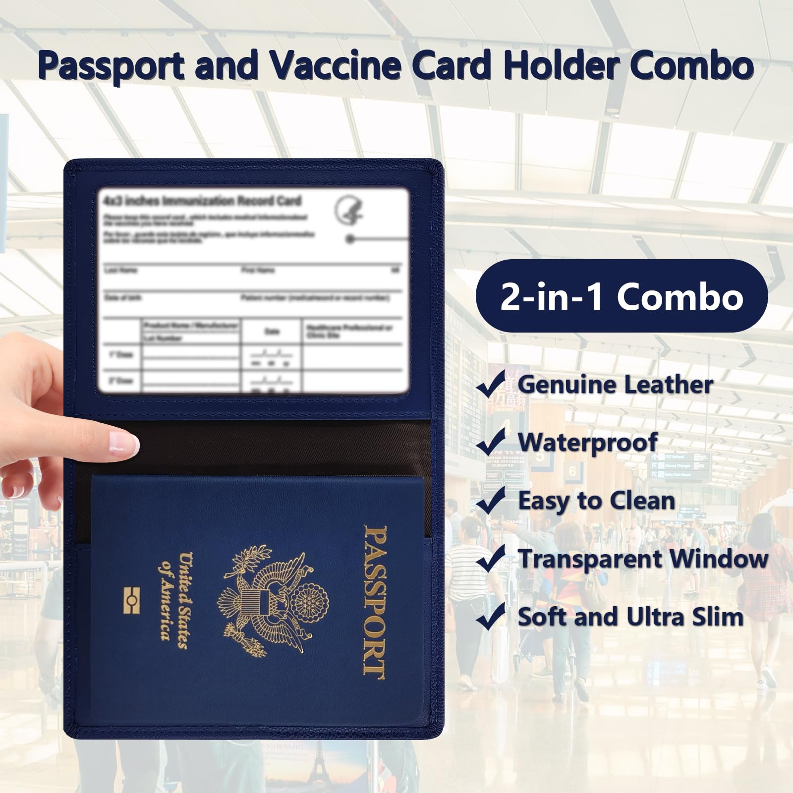 Custodia per passaporto in vera pelle, per donne e uomini, custodia ultra sottile con slot per carte di vaccino, blocco RFID, H-Blue., moderno