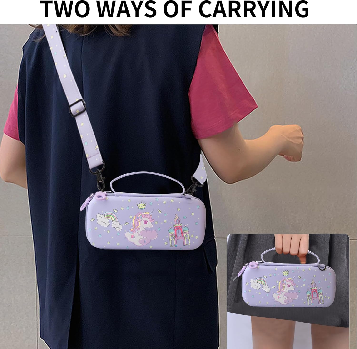HYPERCASE Cute Carrying Case Set for Nintendo Switch OLED, with Purple Switch Travel Bag of Unicorn, PC Switch OLED Protective Cover Skin, Screen Protector, Shoulder Strap & Thumb Caps - Image 7